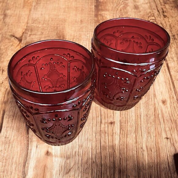 2 Ruby Red Pattern Lowball Old Fashioned Whiskey Double Rocks Tumblers Trestle - Picture 4 of 6